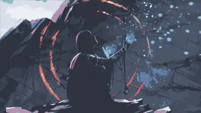 A person with arms raised and a circle of lights