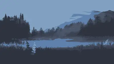 A video game graphics of a forest and a lake