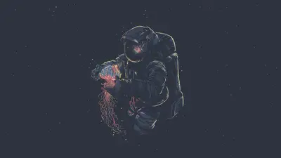 An astronaut in space with a glowing planet