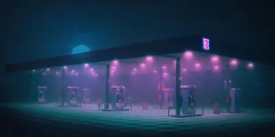 A gas station with purple lights