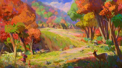 A painting of a landscape with trees and houses