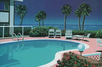 A pool with chairs and palm trees