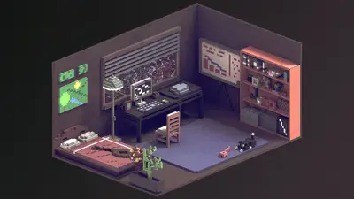 A computer room with a desk and a computer monitor