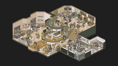 A cartoon of a room with people and a black background