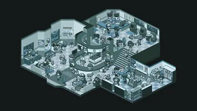 A pixel art of a room with people and a room with a black background