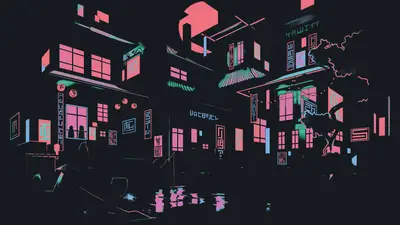 A group of buildings with neon lights