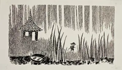 A drawing of a boy in a hat and a boat in a swamp