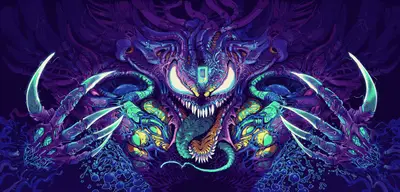 A purple and blue monster with sharp teeth
